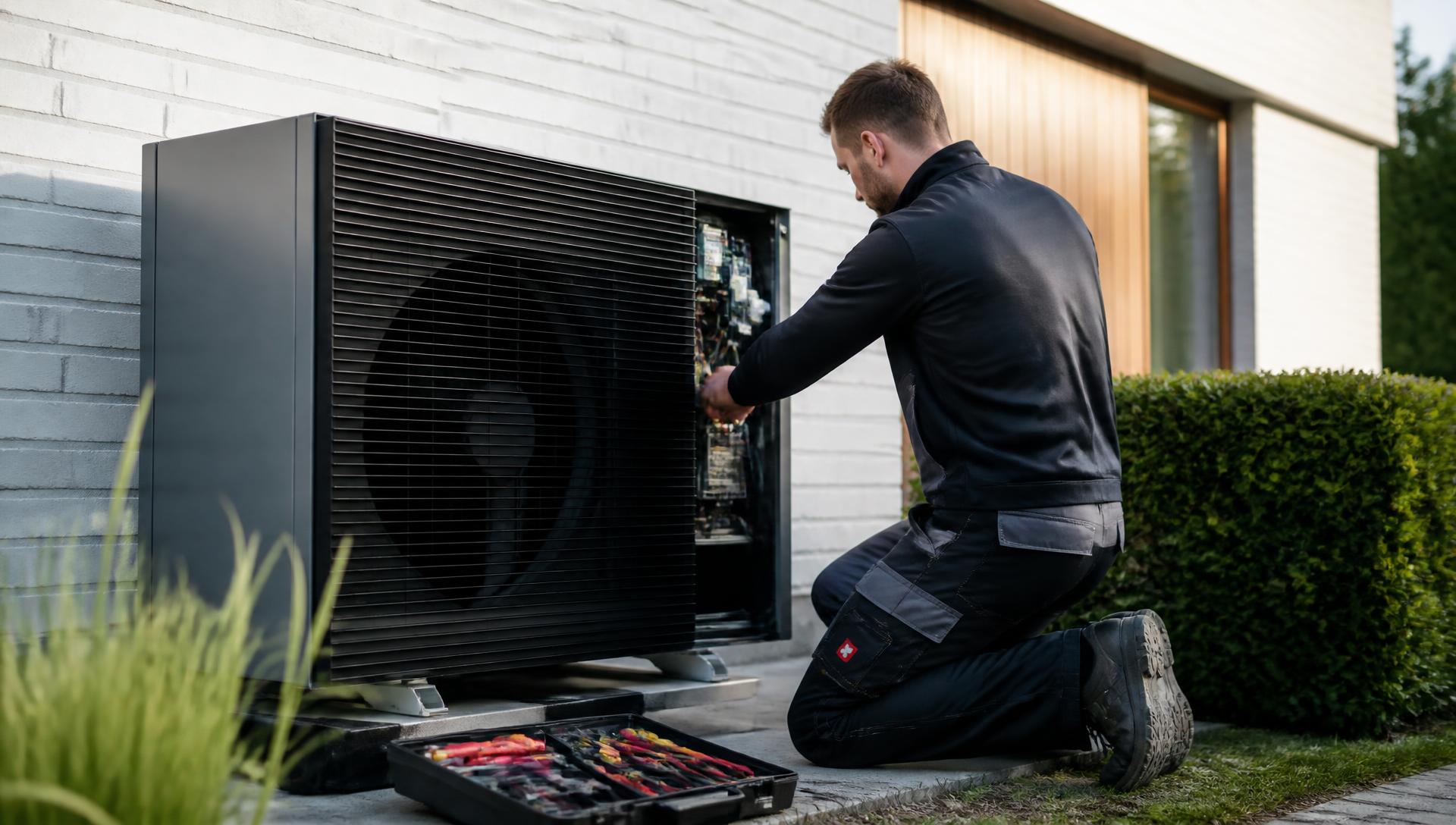 Technicus van QS Ecotech onderhoudt een buitenunit van een warmtepomp